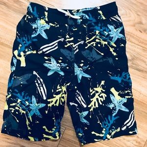 Lands’ End Kids boy shark swimsuit trunks M 10/12